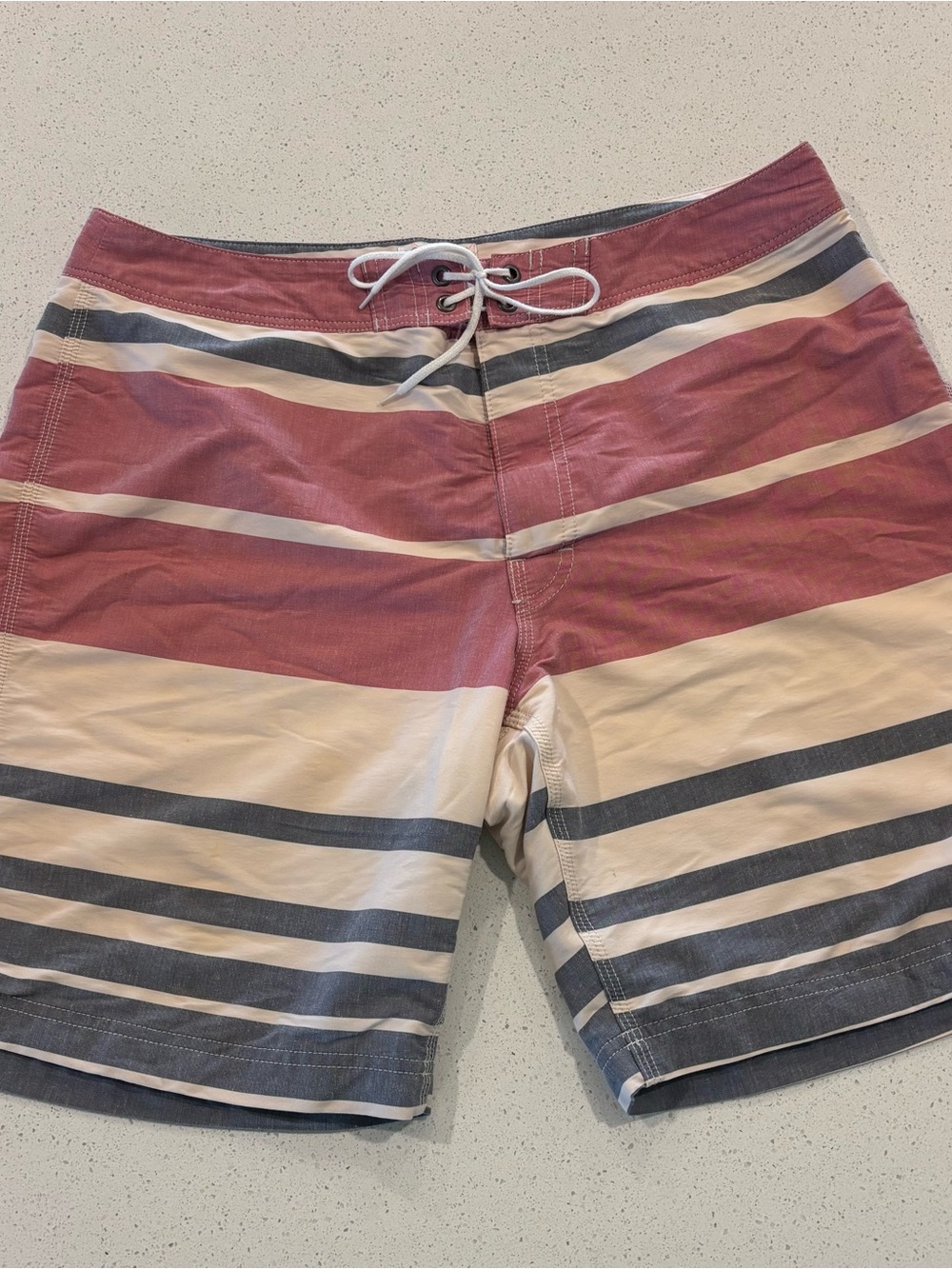 J. Crew Men's Red and Cream Striped Swim Board Shorts